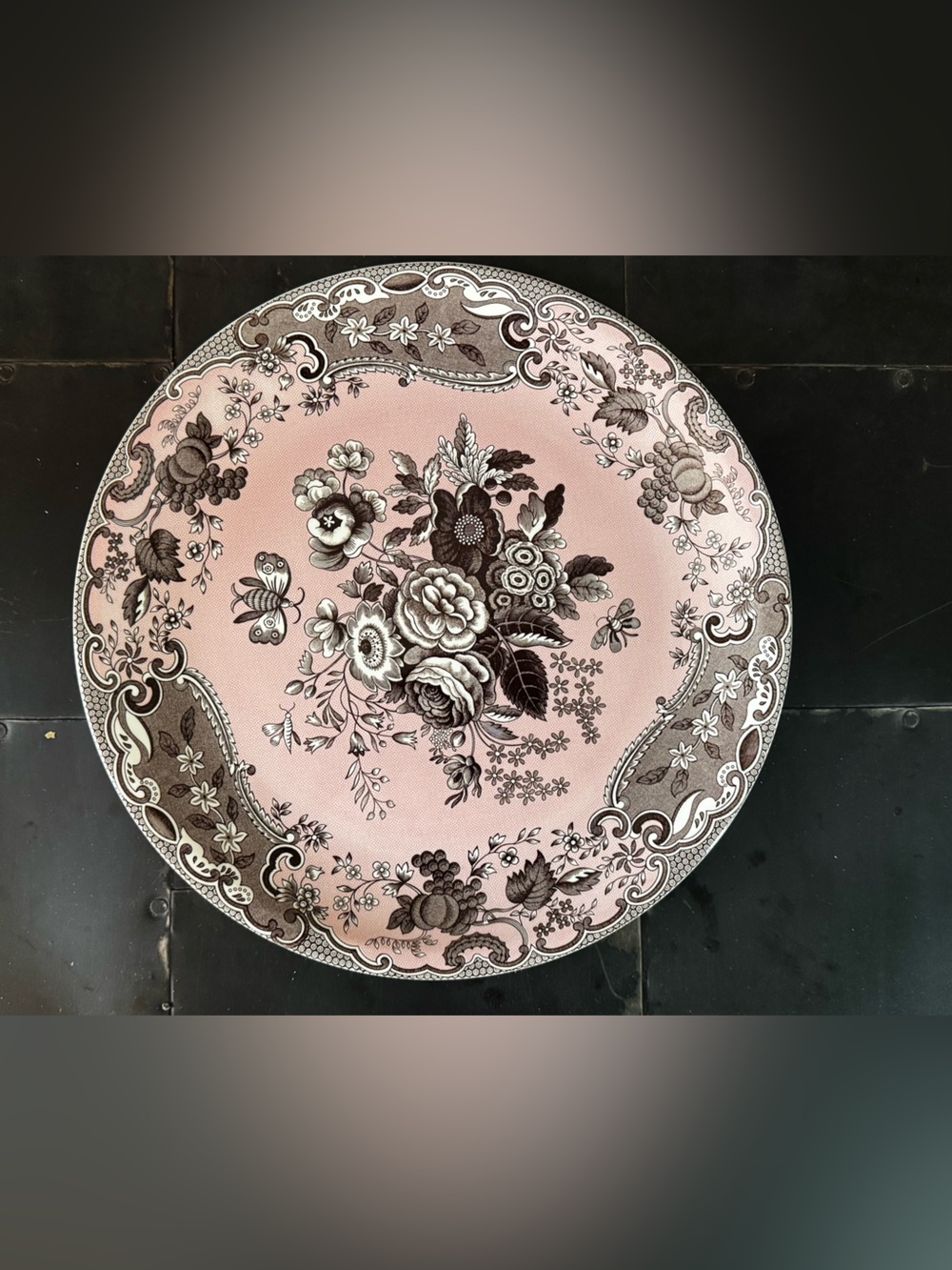 Spode Pink and Brown Floral Transferware Chop Plate 13 inches